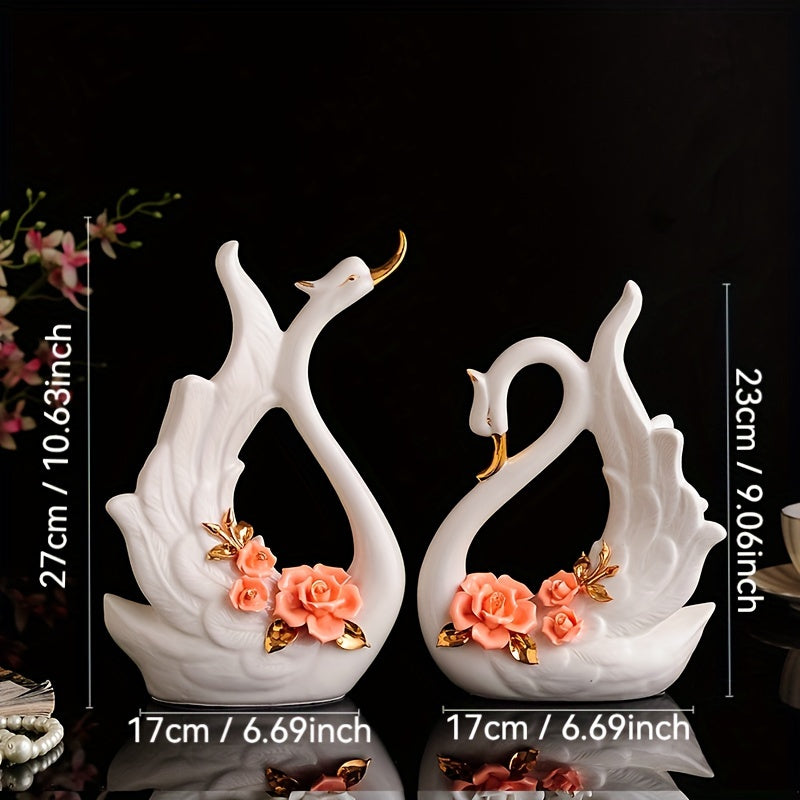 2pcs Elegant Ceramic Statues Of Swan Couple - Perfect Mother's Day Or Wedding Gift! Very Suitable For Living Room, Wine Cabinet Or Study Room Home Decoration European Light Luxury Ornaments TV Cabinet Living Room Entrance Home Decoration