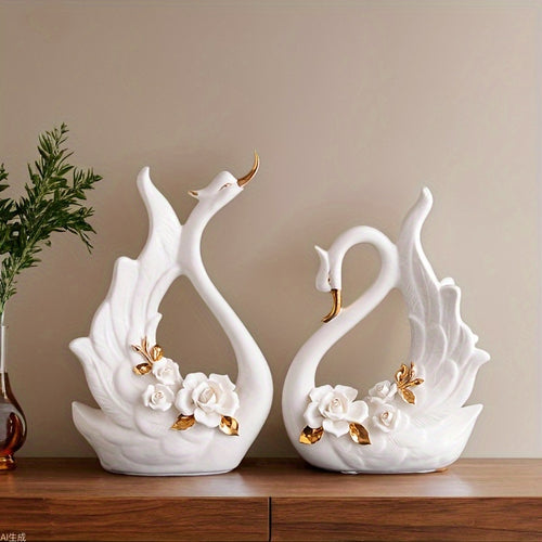 2pcs Elegant Ceramic Statues Of Swan Couple - Perfect Mother's Day Or Wedding Gift! Very Suitable For Living Room, Wine Cabinet Or Study Room Home Decoration European Light Luxury Ornaments TV Cabinet Living Room Entrance Home Decoration