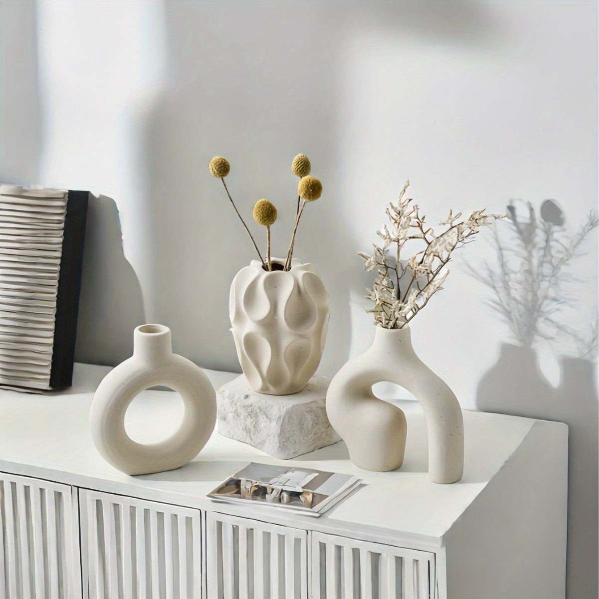 3pcs\u002Fset Boho Ceramic Vase - Round & Donut Shaped, Geometric Pattern, Modern Nordic Minimalist, Ideal for Trendy Home Decor, Living Room, Entryway, Coffee Table, Entryway Decor, Minimalist Design, Artisanal Ceramics, Durable Pottery, Decorative Vases