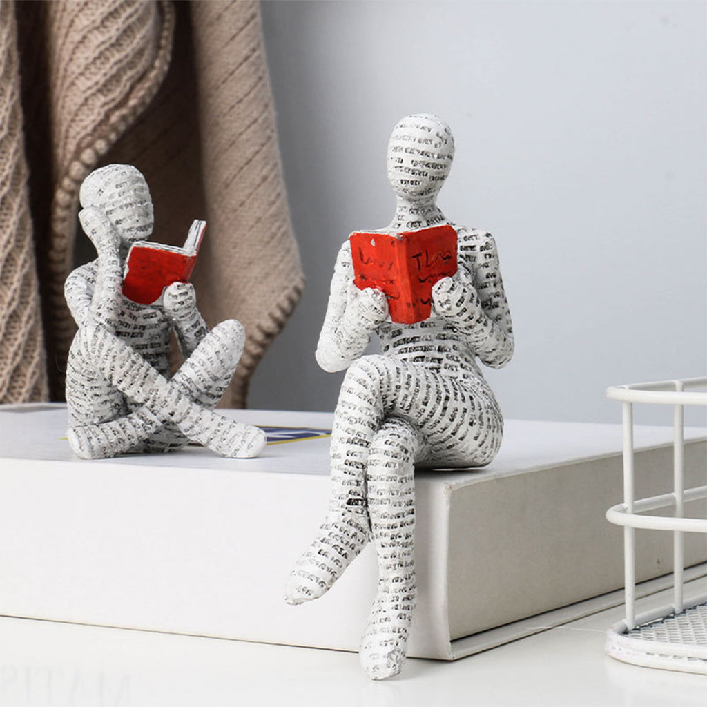 2pcs Reading Man Figurines Set Modern Simple Couple Holding Red Book Resin Statue Desktop Ornament Home Office Decor