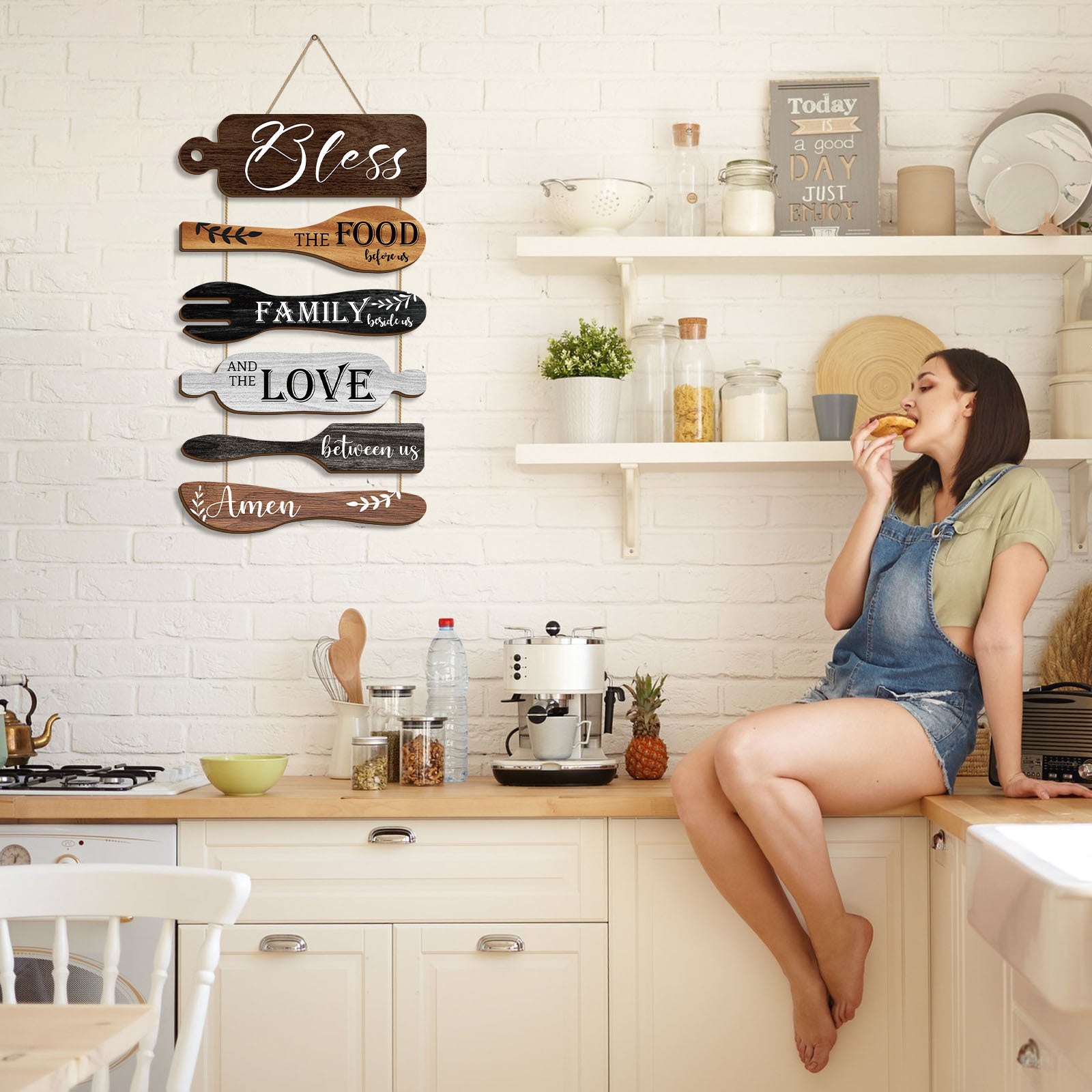 Bless The Food Before Us Farmhouse Kitchen Wall Decor Wood Board Set - Dining Room Decor Hanging Wall Art, Simple Rustic Style - Wood 6 Pieces Rope Plaque Sign