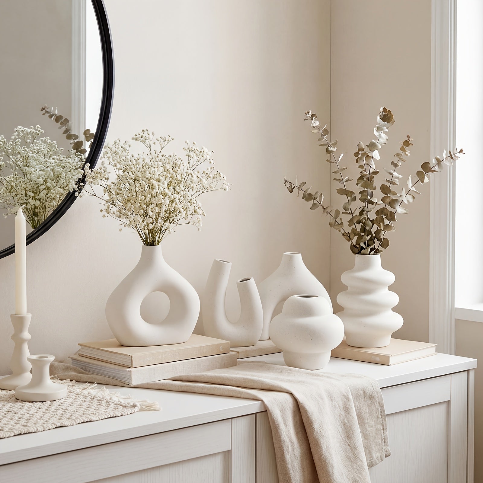TOMNK 5pcs Suitable for Nordic Modern Boho Ceramic Vase Set - Matte Base Vases with Sturdy Footed, Minimalist Aesthetic Decorative Flower Holders for Shelf, Mantle, Entryway Table Decor, for Home Decorations (Ceramic)