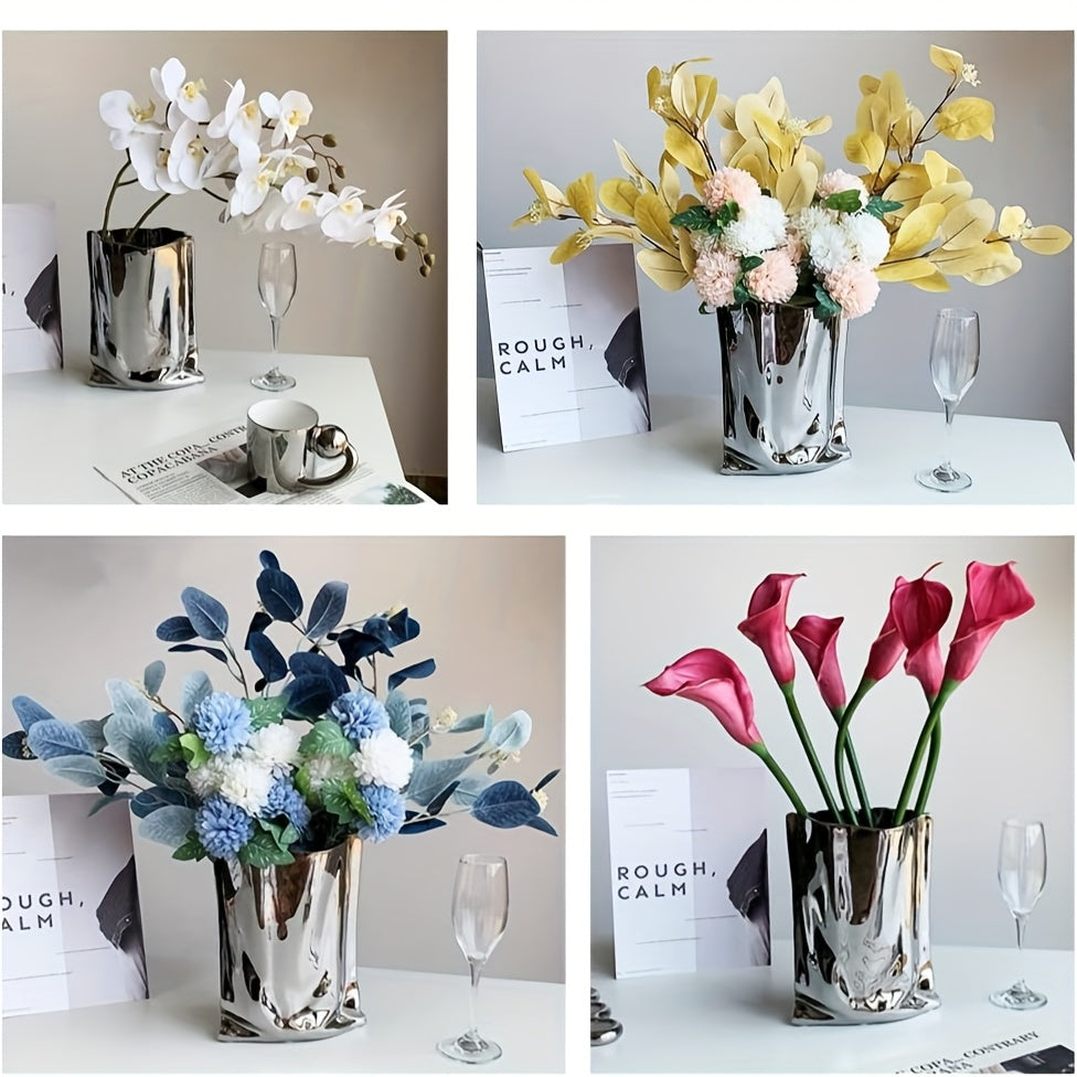 Silver Ceramic Modern Vase Crinkle Fold Paper Bag Handmade Ceramic Vase, Creative Flower Arrangement Ornaments, Decorative Vases For Home Decor, Mantel, Living Room Decoration