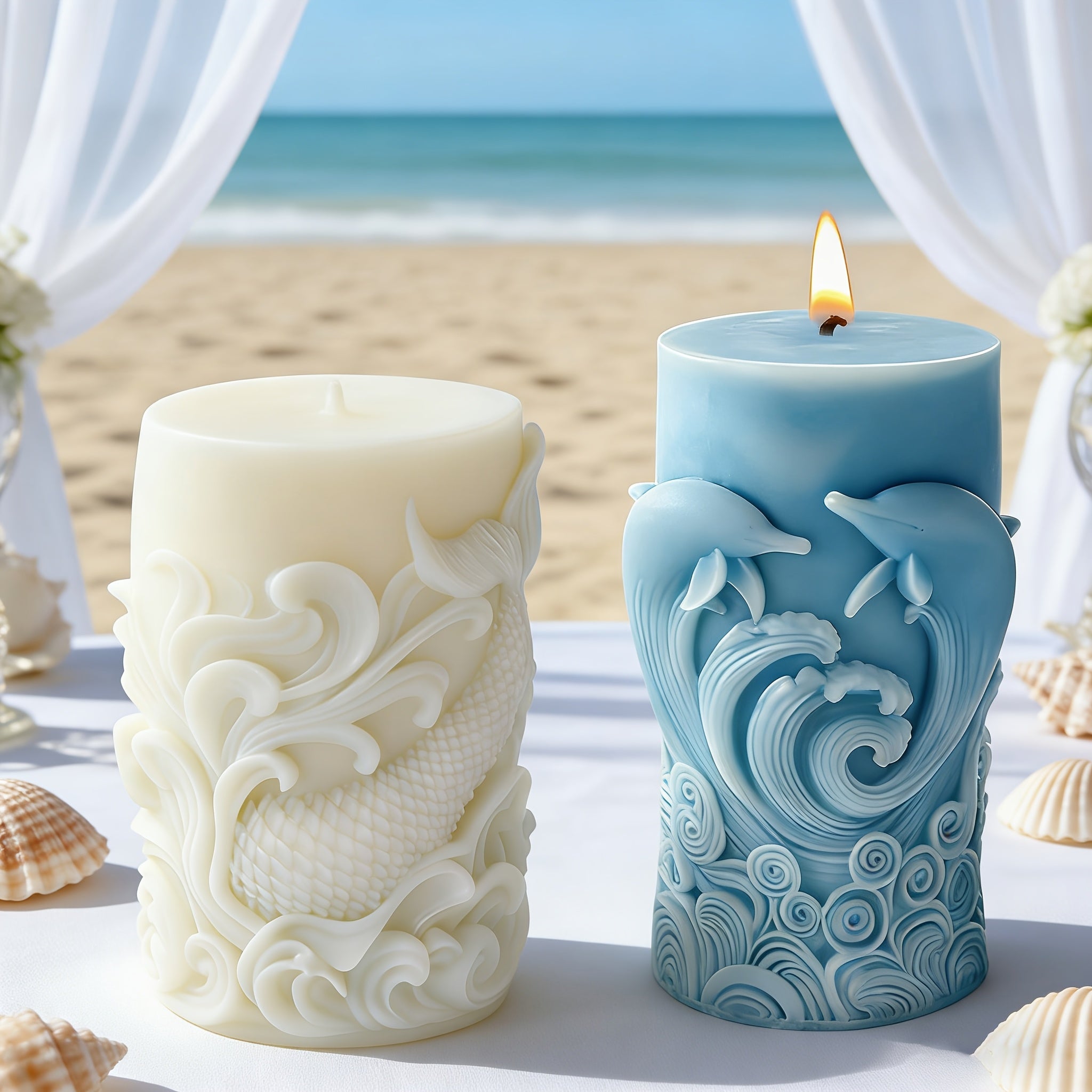 2pcs Silicone Molds for Dolphin & Wave Scented Candle, Resin & Wax Craft, Coastal Grandmother Home Decor, Perfect Beach House Candle for Bedroom Bathroom, Ideal Nautical Gift
