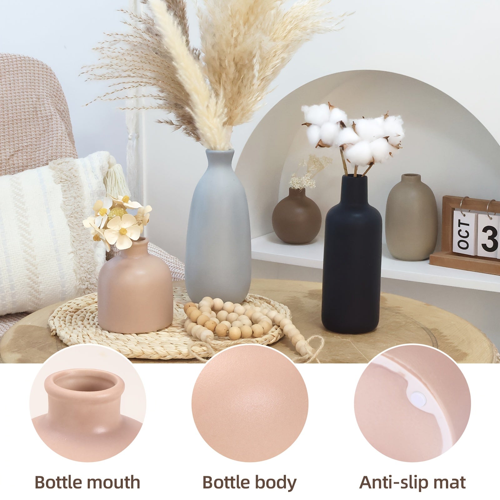 5pcs TOMNK Ceramic Flower Vases | Large Farmhouse Style Table Vases, Vintage Cylinder Shape, Ideal for Living Room, Kitchen, Bedroom, Book Shelf, Office, Coffee Desk, Dining, Fireplace Decor