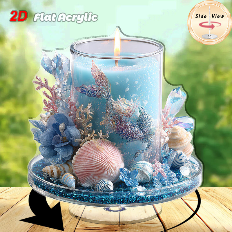 2D Flat, 2D Flat Rotating Acrylic Tabletop Ornament, Set of 1 with Blue Scented Candle, Mermaid Statue and Conch - Ocean Theme Elegant Home Decor for Indoor\u002F Outdoor, No Need to Use It, Durable Acrylic Material, Perfect for Living Room, Bedroom, 2D