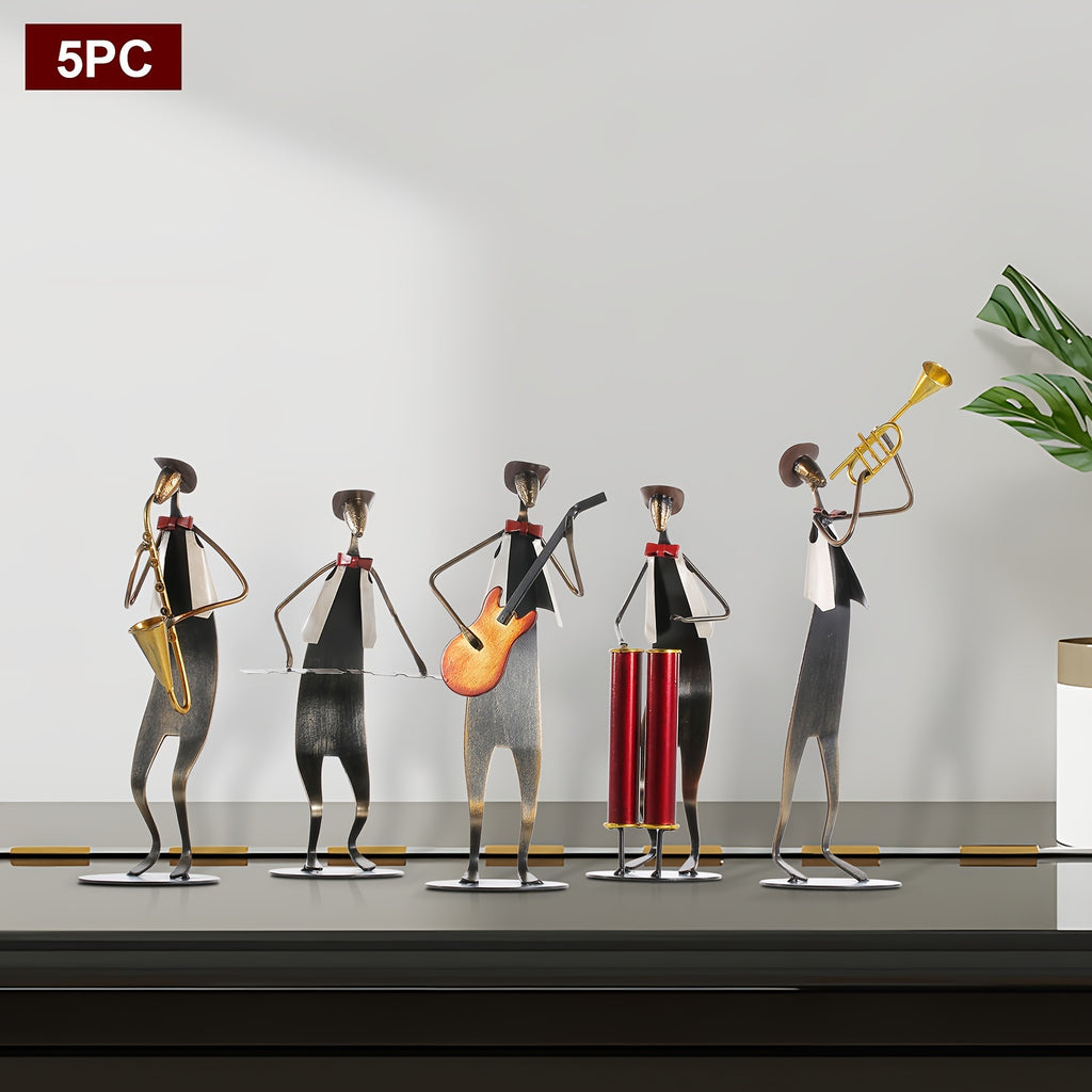 5pcs Handmade Metal Cowboy Band Musical Instruments - Hand-Painted Baked Paint Band Sculptures (Trumpet, Drum, Piano, Guitar, Saxophone) for Western Music-Themed Party Decor, Room, Collectible Gift for Musicians & Music