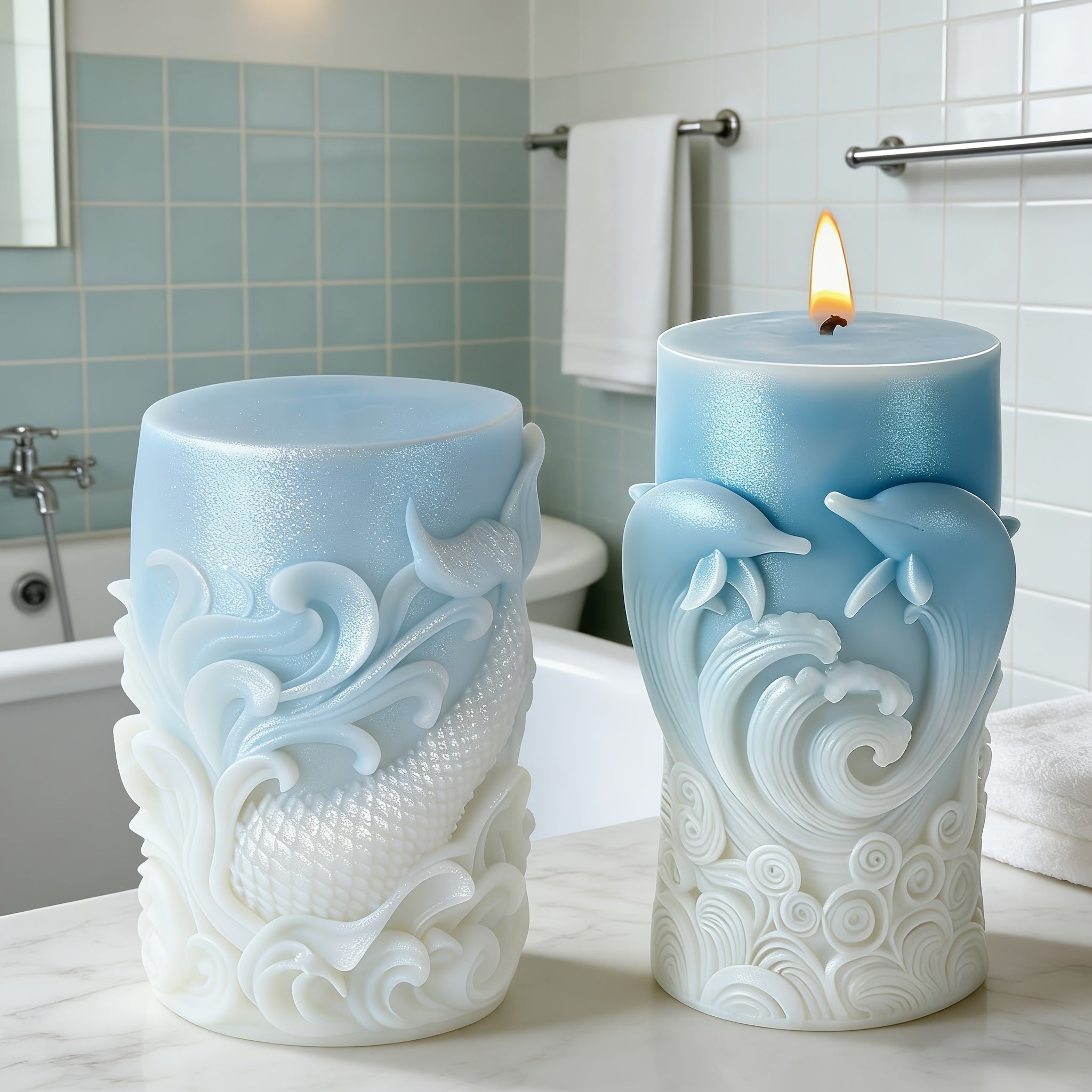 2pcs Silicone Molds for Dolphin & Wave Scented Candle, Resin & Wax Craft, Coastal Grandmother Home Decor, Perfect Beach House Candle for Bedroom Bathroom, Ideal Nautical Gift