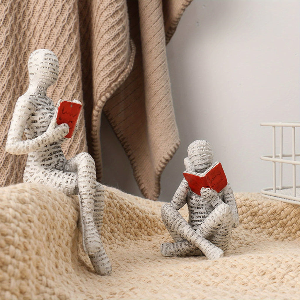 2pcs Reading Man Figurines Set Modern Simple Couple Holding Red Book Resin Statue Desktop Ornament Home Office Decor