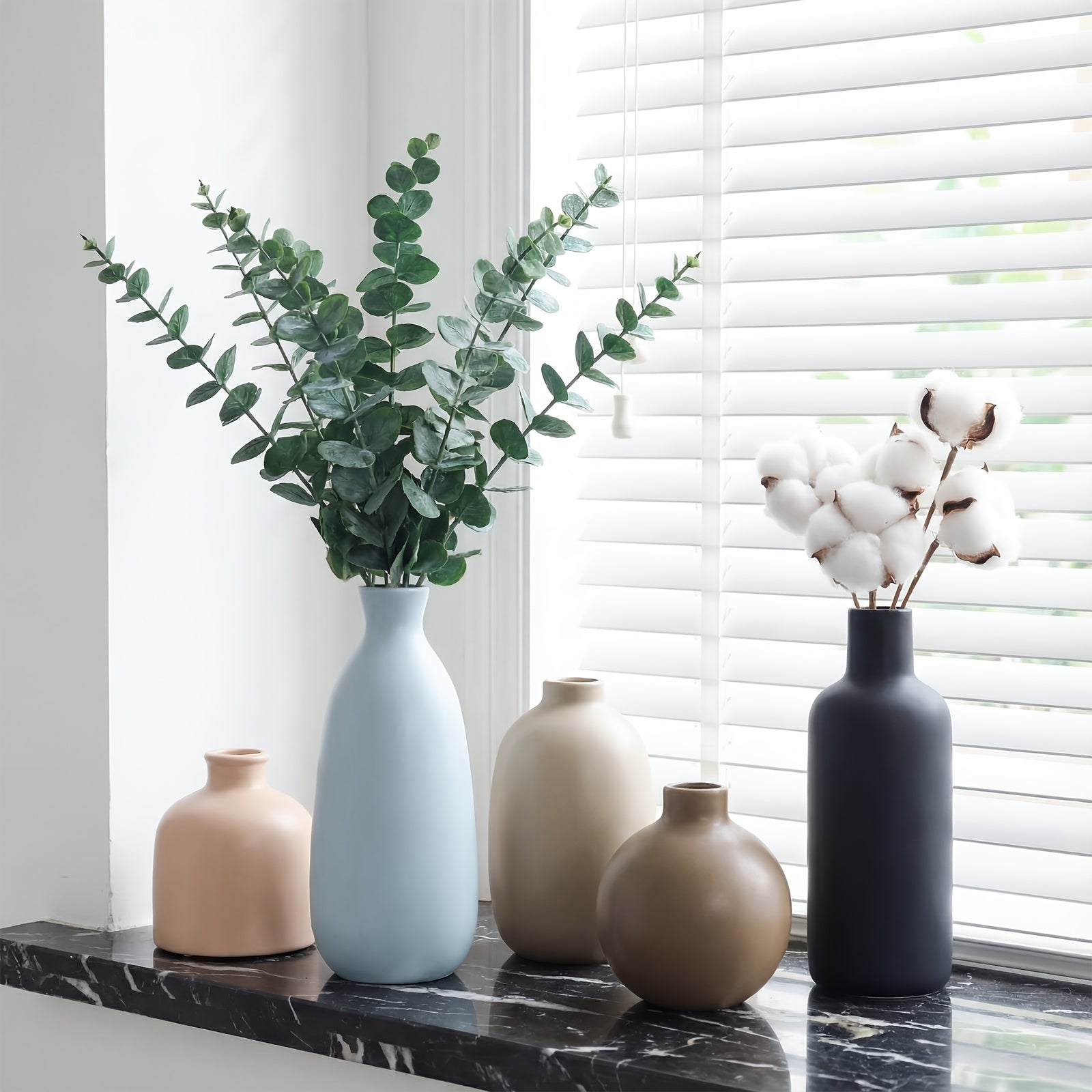 5pcs TOMNK Ceramic Flower Vases | Large Farmhouse Style Table Vases, Vintage Cylinder Shape, Ideal for Living Room, Kitchen, Bedroom, Book Shelf, Office, Coffee Desk, Dining, Fireplace Decor