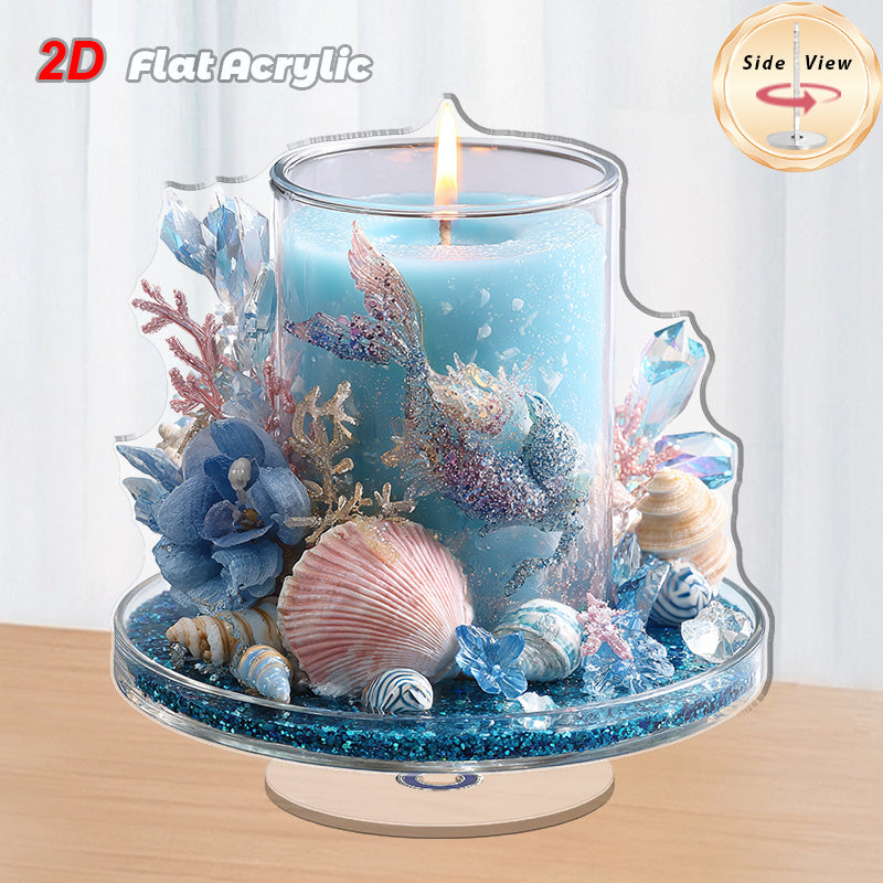 2D Flat, 2D Flat Rotating Acrylic Tabletop Ornament, Set of 1 with Blue Scented Candle, Mermaid Statue and Conch - Ocean Theme Elegant Home Decor for Indoor\u002F Outdoor, No Need to Use It, Durable Acrylic Material, Perfect for Living Room, Bedroom, 2D