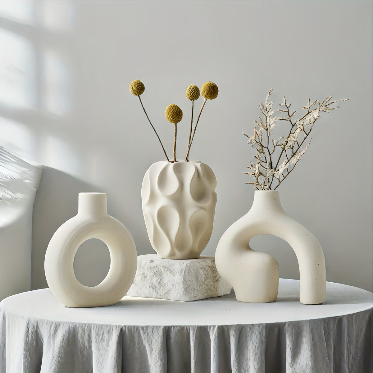 3pcs\u002Fset Boho Ceramic Vase - Round & Donut Shaped, Geometric Pattern, Modern Nordic Minimalist, Ideal for Trendy Home Decor, Living Room, Entryway, Coffee Table, Entryway Decor, Minimalist Design, Artisanal Ceramics, Durable Pottery, Decorative Vases