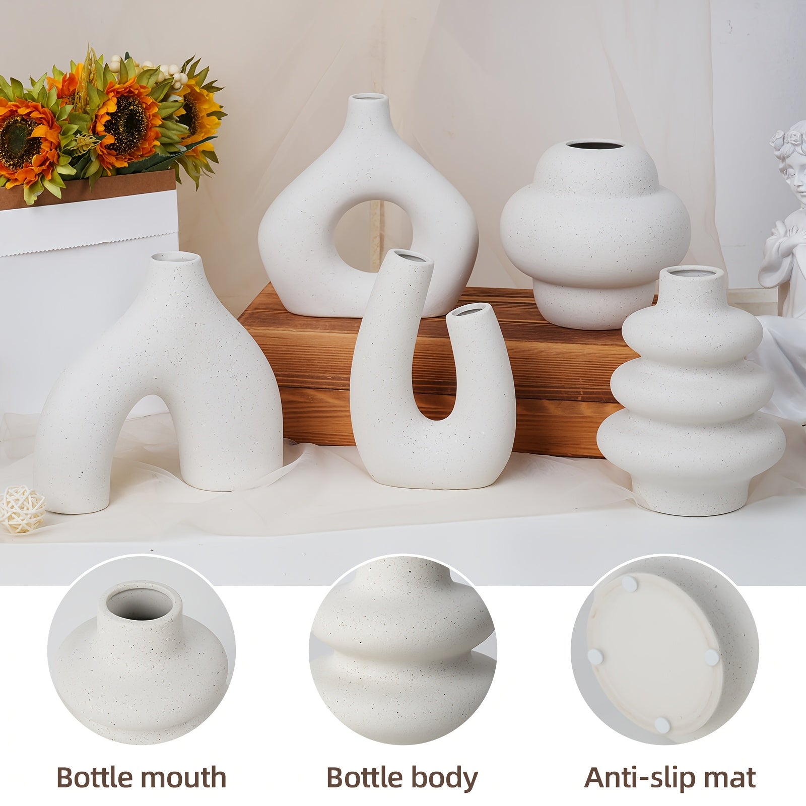 TOMNK 5pcs Suitable for Nordic Modern Boho Ceramic Vase Set - Matte Base Vases with Sturdy Footed, Minimalist Aesthetic Decorative Flower Holders for Shelf, Mantle, Entryway Table Decor, for Home Decorations (Ceramic)