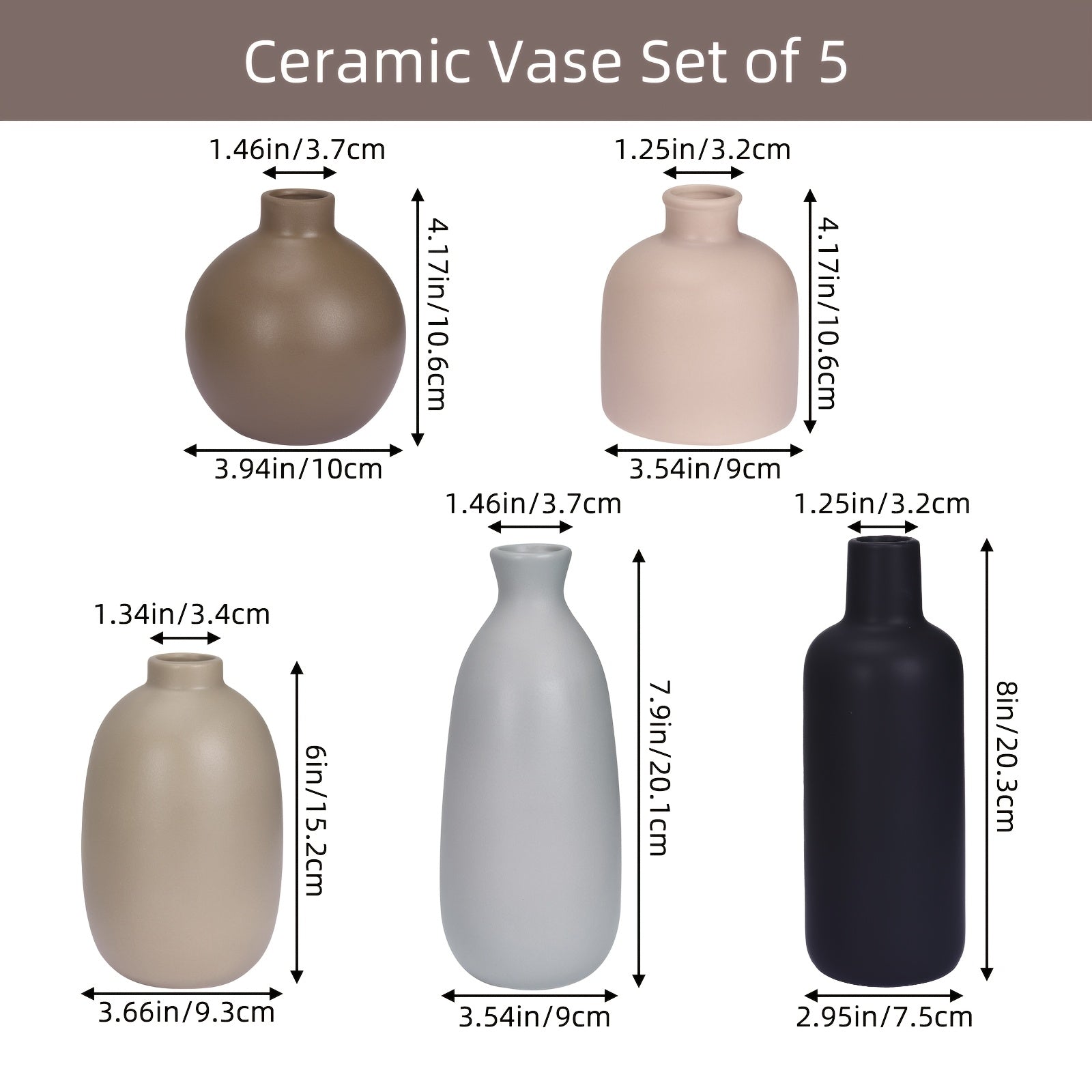 5pcs TOMNK Ceramic Flower Vases | Large Farmhouse Style Table Vases, Vintage Cylinder Shape, Ideal for Living Room, Kitchen, Bedroom, Book Shelf, Office, Coffee Desk, Dining, Fireplace Decor