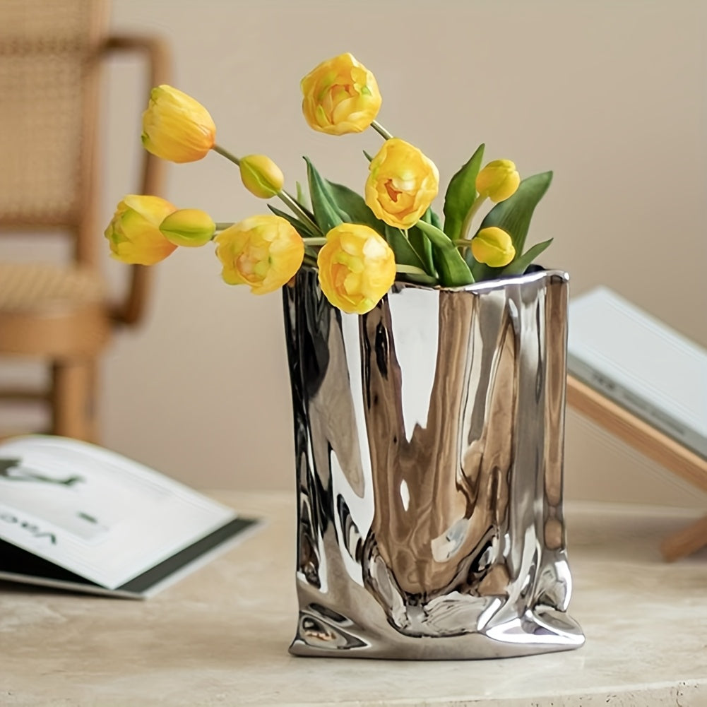Silver Ceramic Modern Vase Crinkle Fold Paper Bag Handmade Ceramic Vase, Creative Flower Arrangement Ornaments, Decorative Vases For Home Decor, Mantel, Living Room Decoration