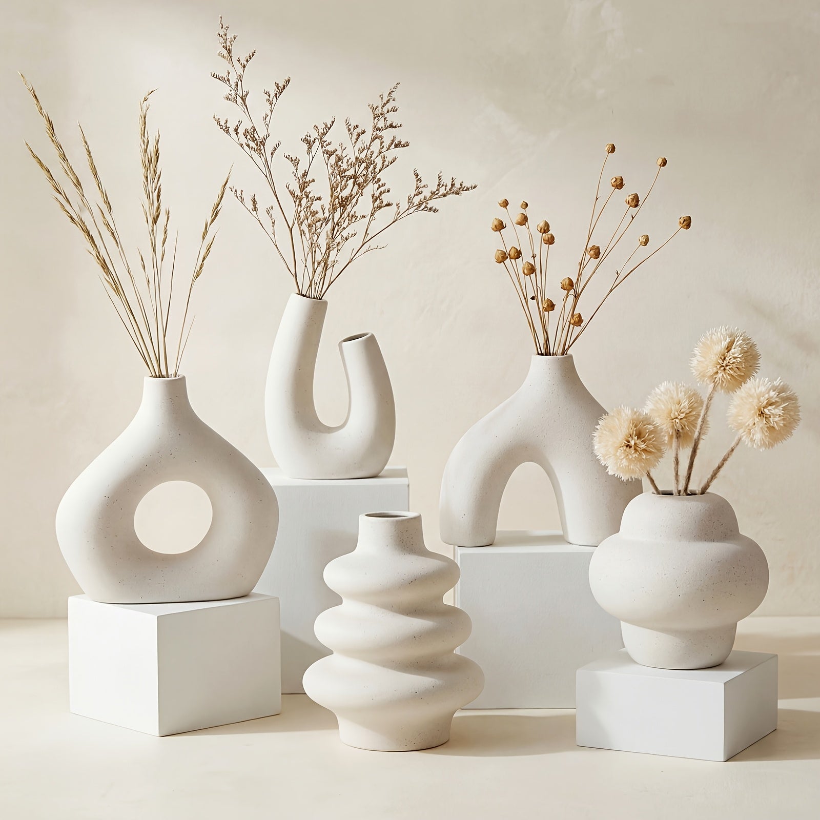 TOMNK 5pcs Suitable for Nordic Modern Boho Ceramic Vase Set - Matte Base Vases with Sturdy Footed, Minimalist Aesthetic Decorative Flower Holders for Shelf, Mantle, Entryway Table Decor, for Home Decorations (Ceramic)