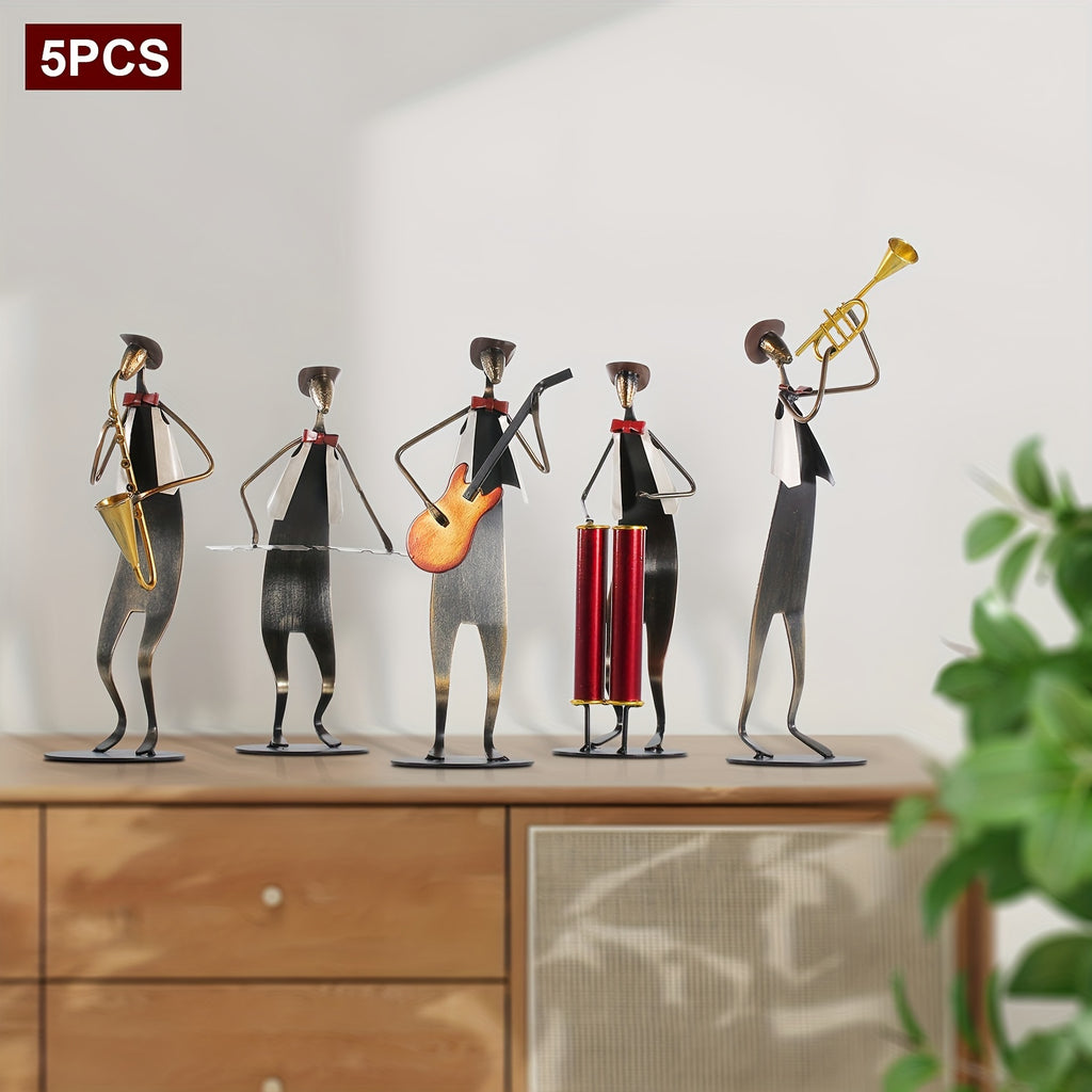 5pcs Handmade Metal Cowboy Band Musical Instruments - Hand-Painted Baked Paint Band Sculptures (Trumpet, Drum, Piano, Guitar, Saxophone) for Western Music-Themed Party Decor, Room, Collectible Gift for Musicians & Music