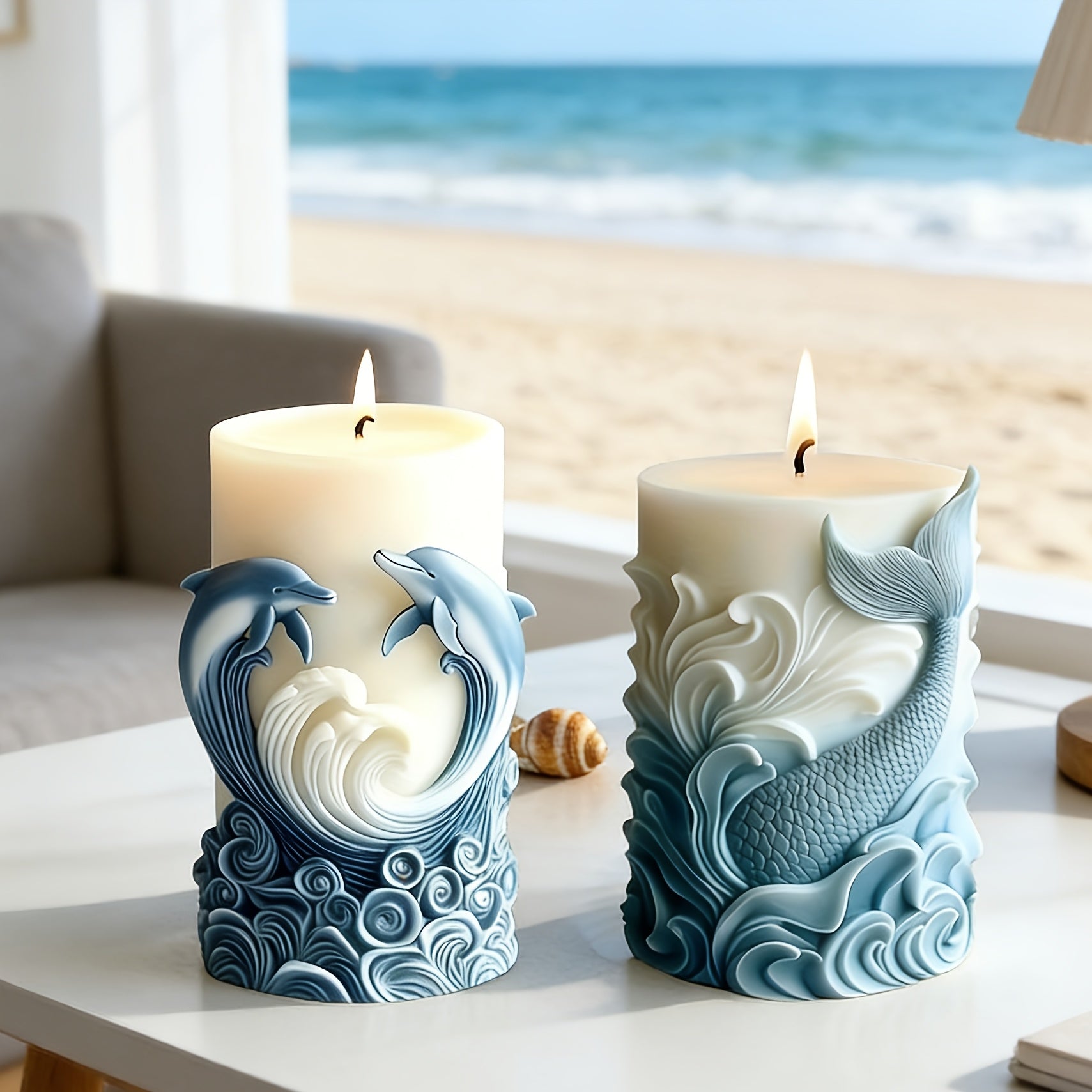 2pcs Silicone Molds for Dolphin & Wave Scented Candle, Resin & Wax Craft, Coastal Grandmother Home Decor, Perfect Beach House Candle for Bedroom Bathroom, Ideal Nautical Gift