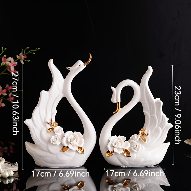 2pcs Elegant Ceramic Statues Of Swan Couple - Perfect Mother's Day Or Wedding Gift! Very Suitable For Living Room, Wine Cabinet Or Study Room Home Decoration European Light Luxury Ornaments TV Cabinet Living Room Entrance Home Decoration