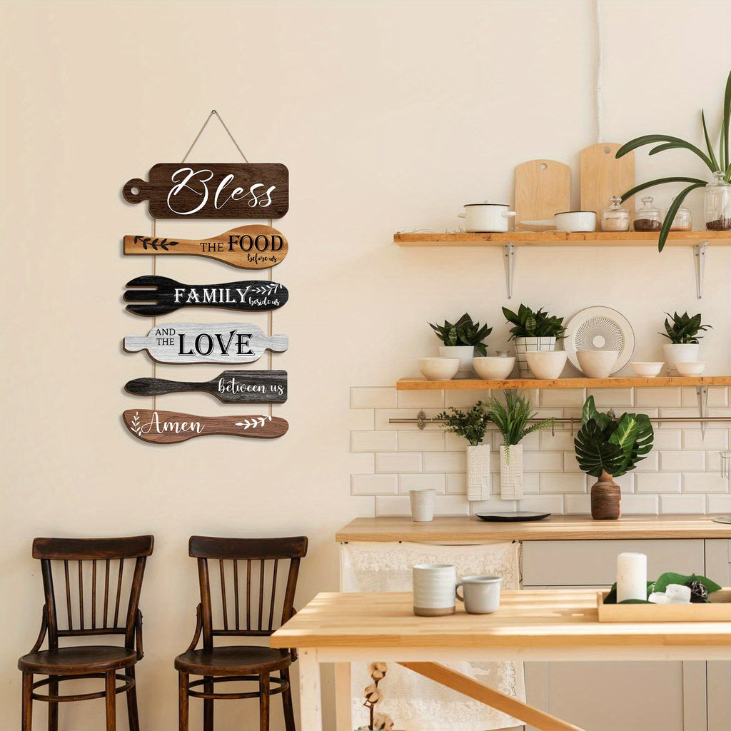 Bless The Food Before Us Farmhouse Kitchen Wall Decor Wood Board Set - Dining Room Decor Hanging Wall Art, Simple Rustic Style - Wood 6 Pieces Rope Plaque Sign
