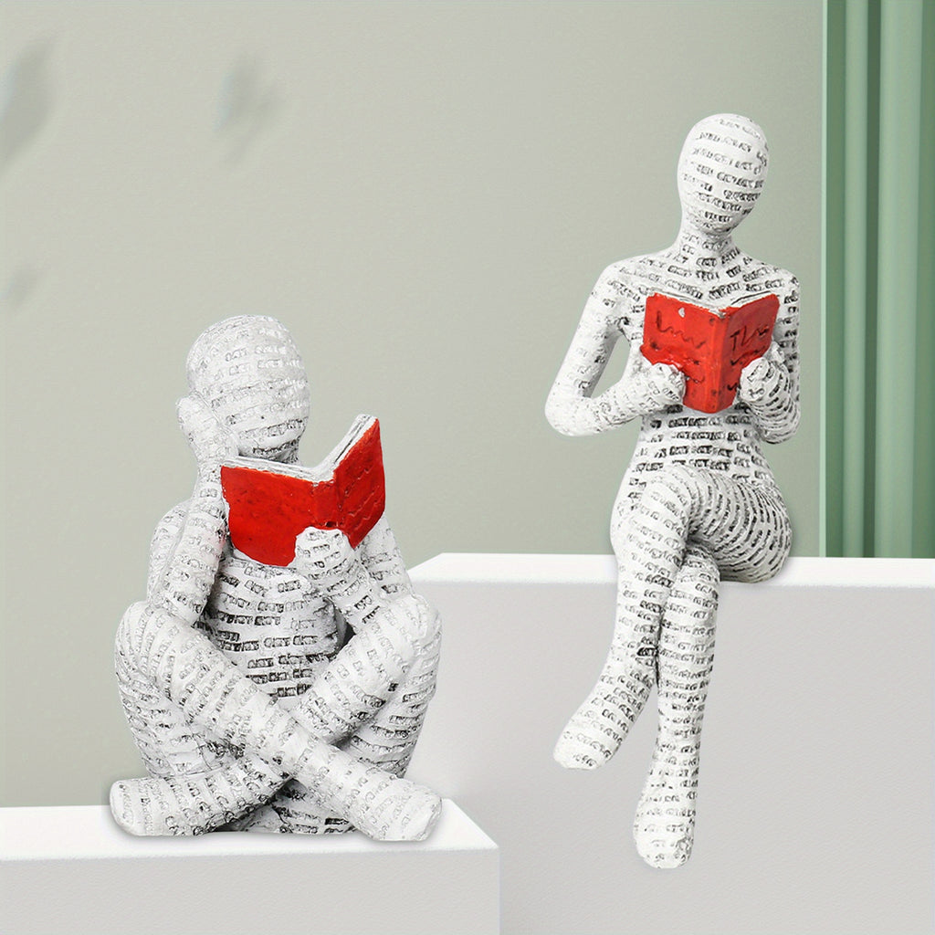 2pcs Reading Man Figurines Set Modern Simple Couple Holding Red Book Resin Statue Desktop Ornament Home Office Decor