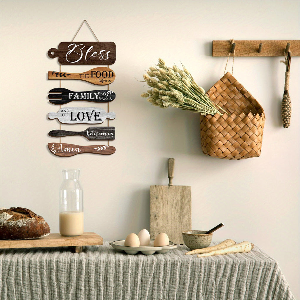 Bless The Food Before Us Farmhouse Kitchen Wall Decor Wood Board Set - Dining Room Decor Hanging Wall Art, Simple Rustic Style - Wood 6 Pieces Rope Plaque Sign