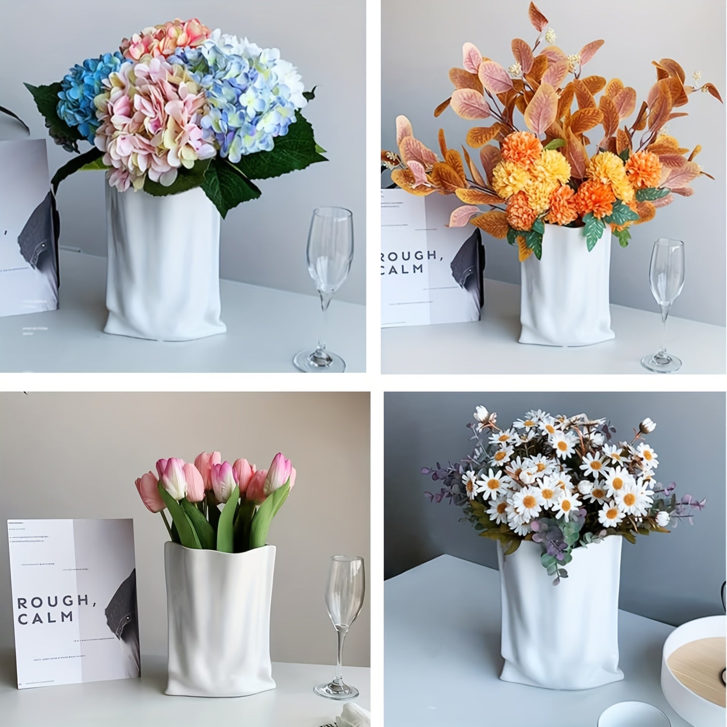 Silver Ceramic Modern Vase Crinkle Fold Paper Bag Handmade Ceramic Vase, Creative Flower Arrangement Ornaments, Decorative Vases For Home Decor, Mantel, Living Room Decoration