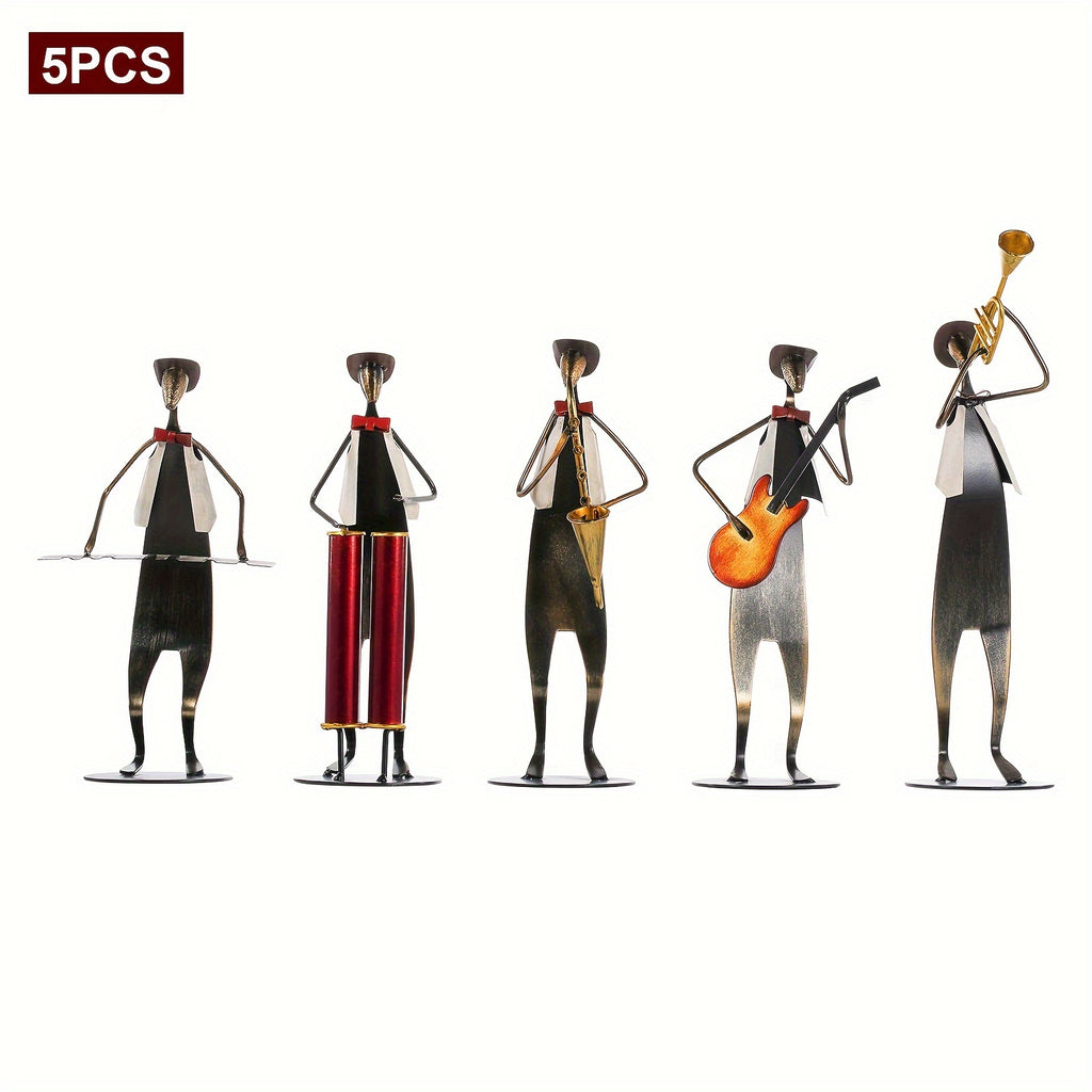 5pcs Handmade Metal Cowboy Band Musical Instruments - Hand-Painted Baked Paint Band Sculptures (Trumpet, Drum, Piano, Guitar, Saxophone) for Western Music-Themed Party Decor, Room, Collectible Gift for Musicians & Music
