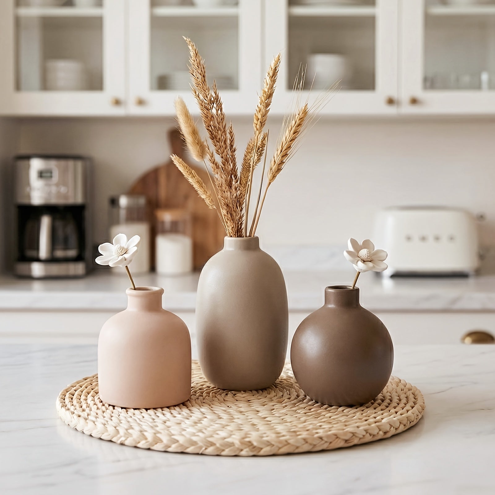 5pcs TOMNK Ceramic Flower Vases | Large Farmhouse Style Table Vases, Vintage Cylinder Shape, Ideal for Living Room, Kitchen, Bedroom, Book Shelf, Office, Coffee Desk, Dining, Fireplace Decor