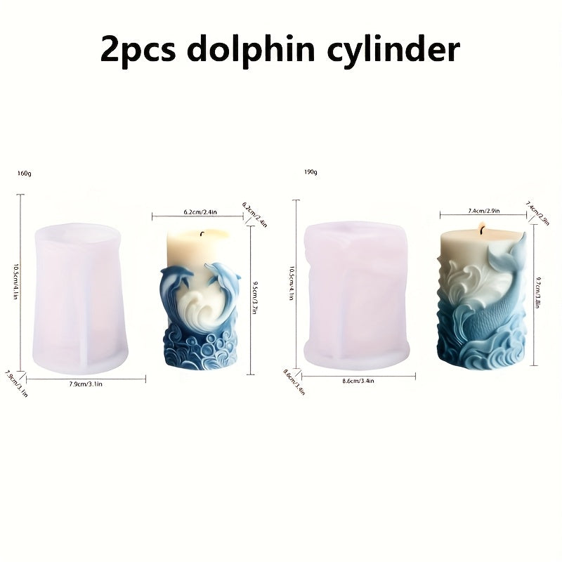 2 Styles Dolphin Pattern Columnar Molds for DIY Candle Plaster Soap Aromatherapy Craft Making with Soy Wax, Beeswax, Resin, Perfect for Christmas, Valentine's Day, Gifts, Festival Home Decoration