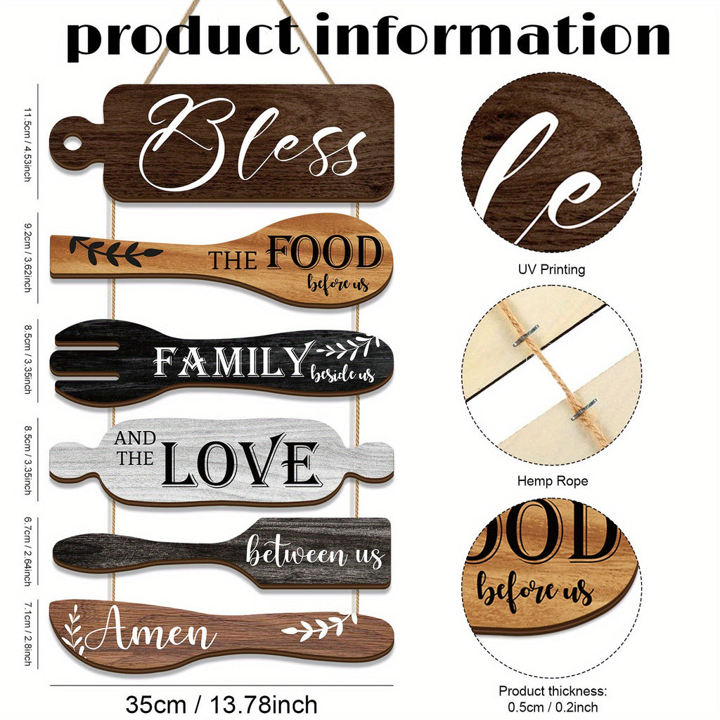 Bless The Food Before Us Farmhouse Kitchen Wall Decor Wood Board Set - Dining Room Decor Hanging Wall Art, Simple Rustic Style - Wood 6 Pieces Rope Plaque Sign
