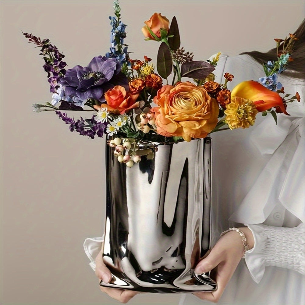 Silver Ceramic Modern Vase Crinkle Fold Paper Bag Handmade Ceramic Vase, Creative Flower Arrangement Ornaments, Decorative Vases For Home Decor, Mantel, Living Room Decoration