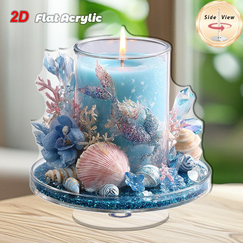 2D Flat, 2D Flat Rotating Acrylic Tabletop Ornament, Set of 1 with Blue Scented Candle, Mermaid Statue and Conch - Ocean Theme Elegant Home Decor for Indoor\u002F Outdoor, No Need to Use It, Durable Acrylic Material, Perfect for Living Room, Bedroom, 2D