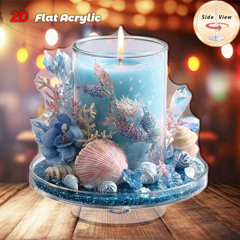 2D Flat, 2D Flat Rotating Acrylic Tabletop Ornament, Set of 1 with Blue Scented Candle, Mermaid Statue and Conch - Ocean Theme Elegant Home Decor for Indoor\u002F Outdoor, No Need to Use It, Durable Acrylic Material, Perfect for Living Room, Bedroom, 2D