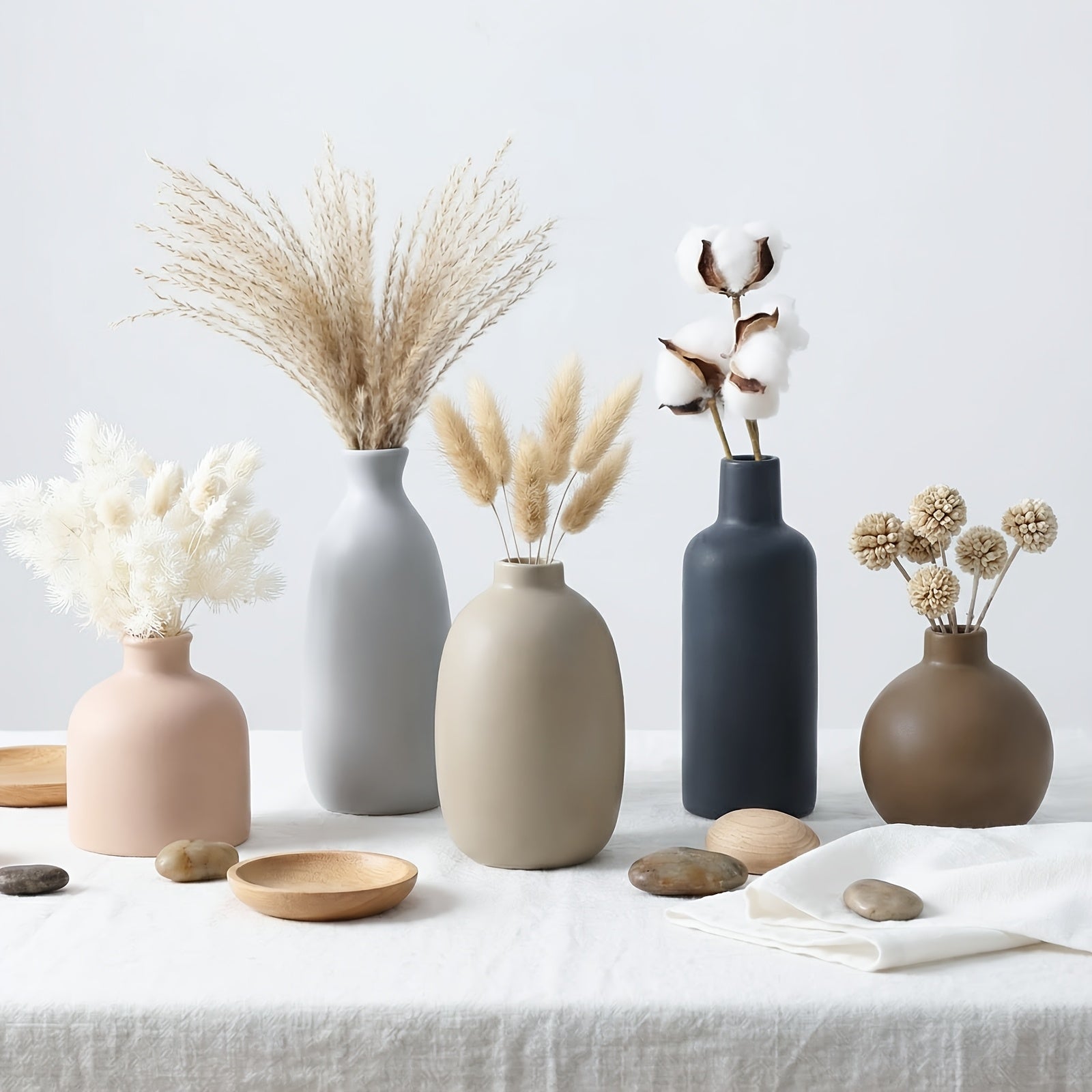 5pcs TOMNK Ceramic Flower Vases | Large Farmhouse Style Table Vases, Vintage Cylinder Shape, Ideal for Living Room, Kitchen, Bedroom, Book Shelf, Office, Coffee Desk, Dining, Fireplace Decor