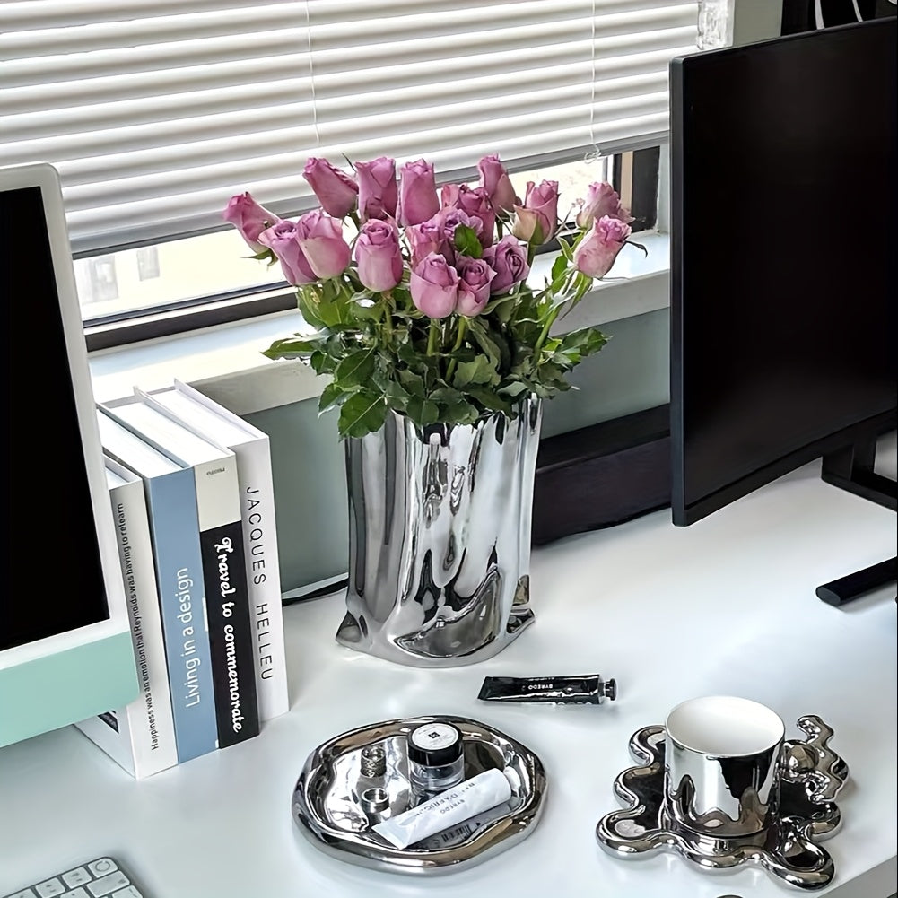 Silver Ceramic Modern Vase Crinkle Fold Paper Bag Handmade Ceramic Vase, Creative Flower Arrangement Ornaments, Decorative Vases For Home Decor, Mantel, Living Room Decoration