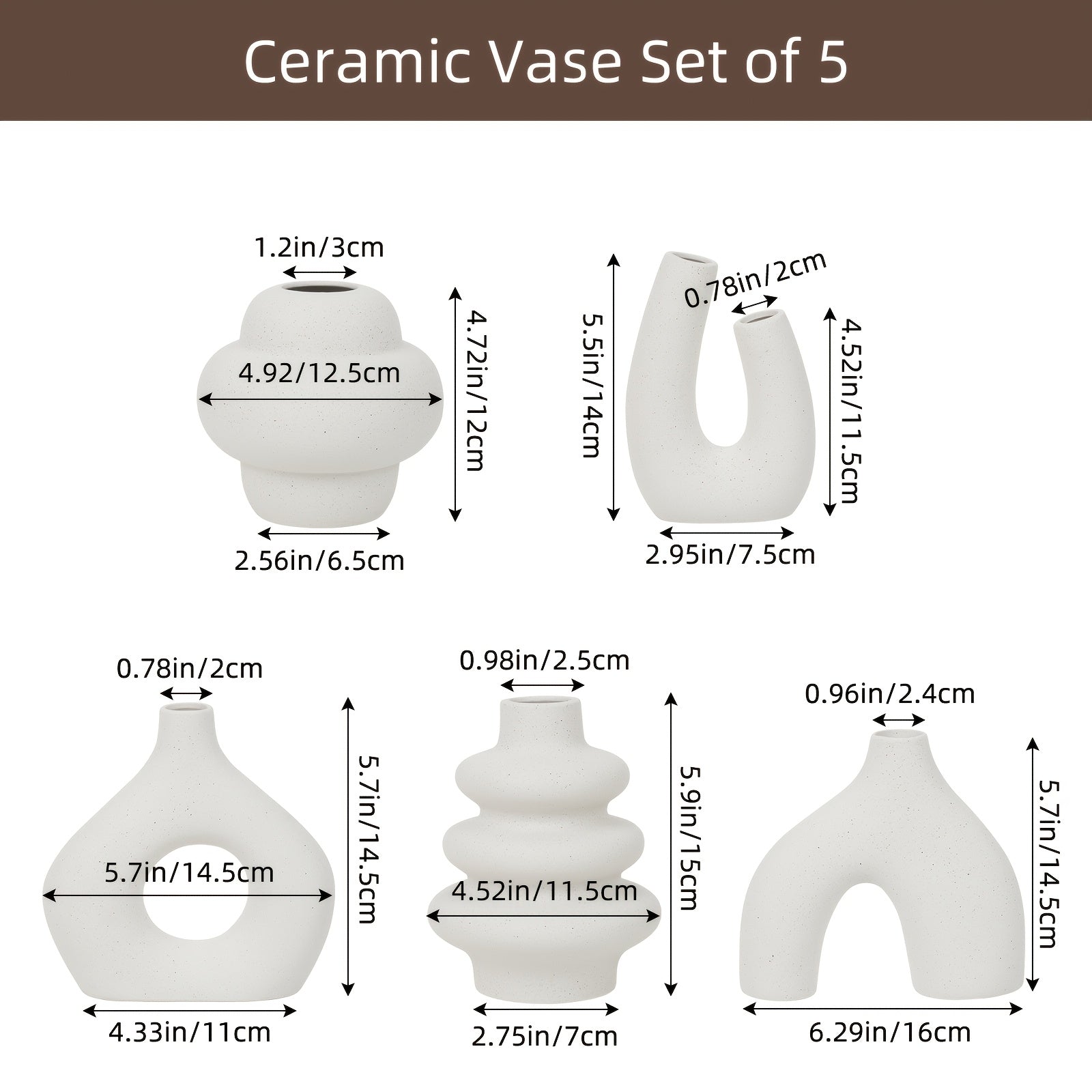 TOMNK 5pcs Suitable for Nordic Modern Boho Ceramic Vase Set - Matte Base Vases with Sturdy Footed, Minimalist Aesthetic Decorative Flower Holders for Shelf, Mantle, Entryway Table Decor, for Home Decorations (Ceramic)