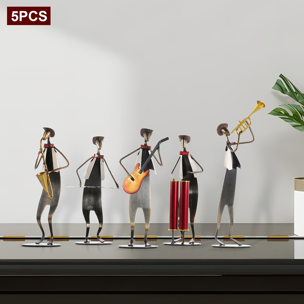 5pcs Handmade Metal Cowboy Band Musical Instruments - Hand-Painted Baked Paint Band Sculptures (Trumpet, Drum, Piano, Guitar, Saxophone) for Western Music-Themed Party Decor, Room, Collectible Gift for Musicians & Music