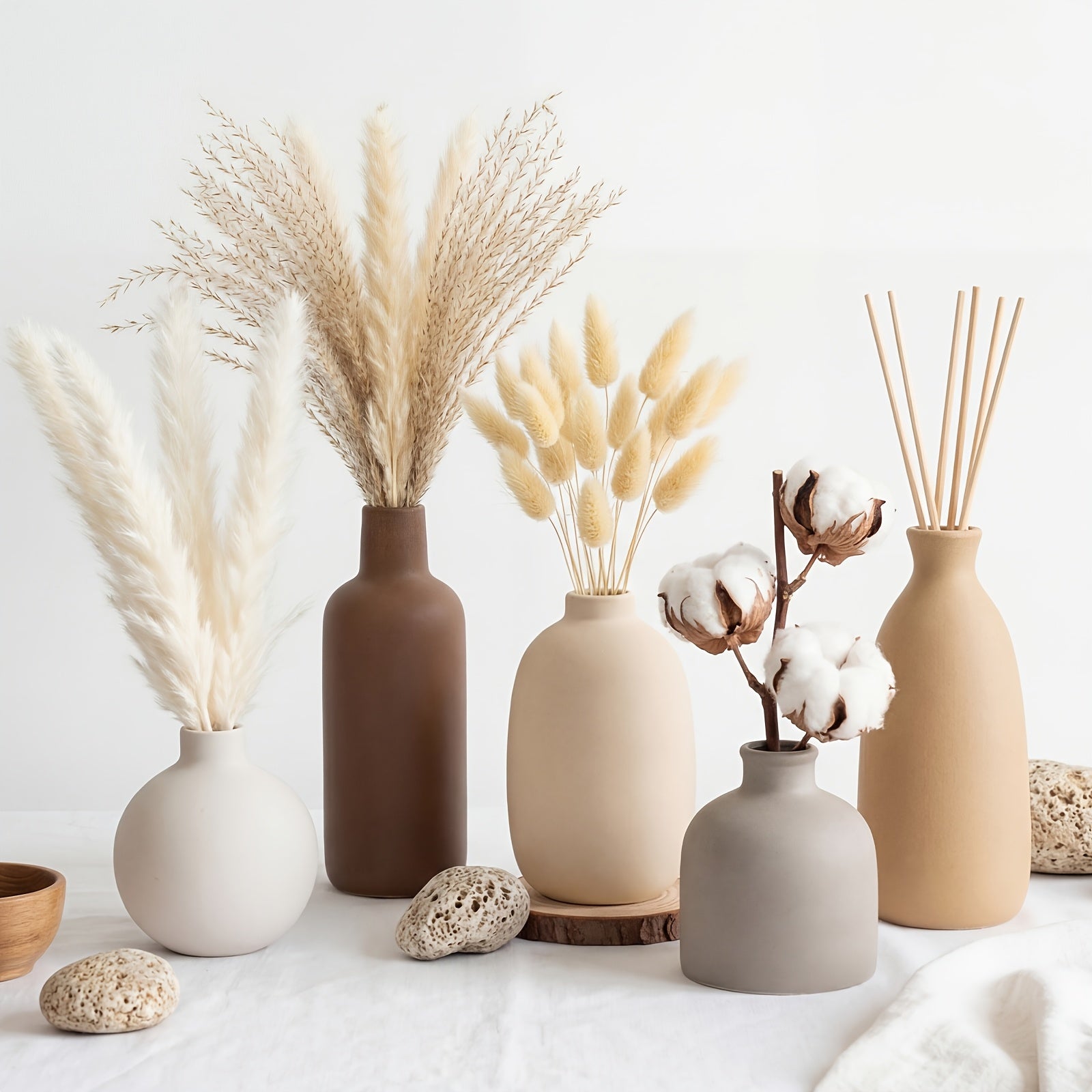 TOMNK 5pcs Suitable for Nordic Modern Boho Ceramic Vase Set - Matte Base Vases with Sturdy Footed, Minimalist Aesthetic Decorative Flower Holders for Shelf, Mantle, Entryway Table Decor, for Home Decorations (Ceramic)